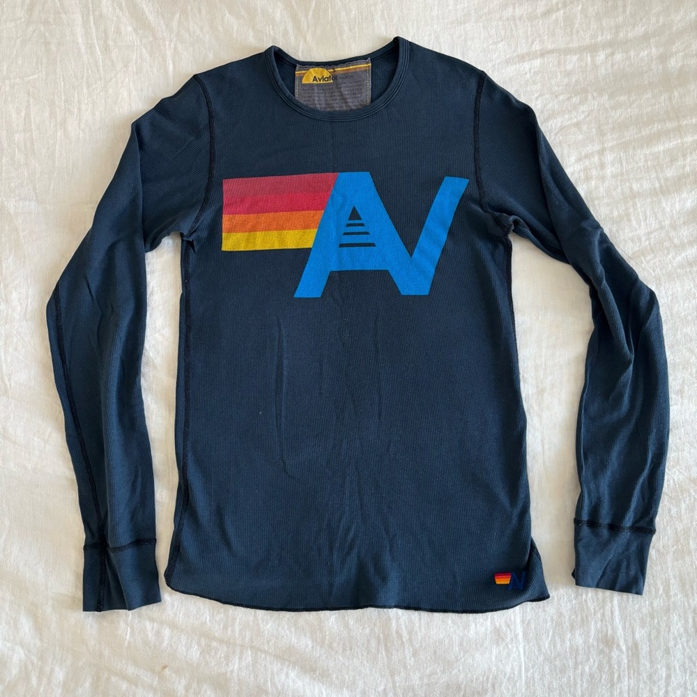 Aviator Nation Navy Long Sleeve Tee with Multicolor Logo